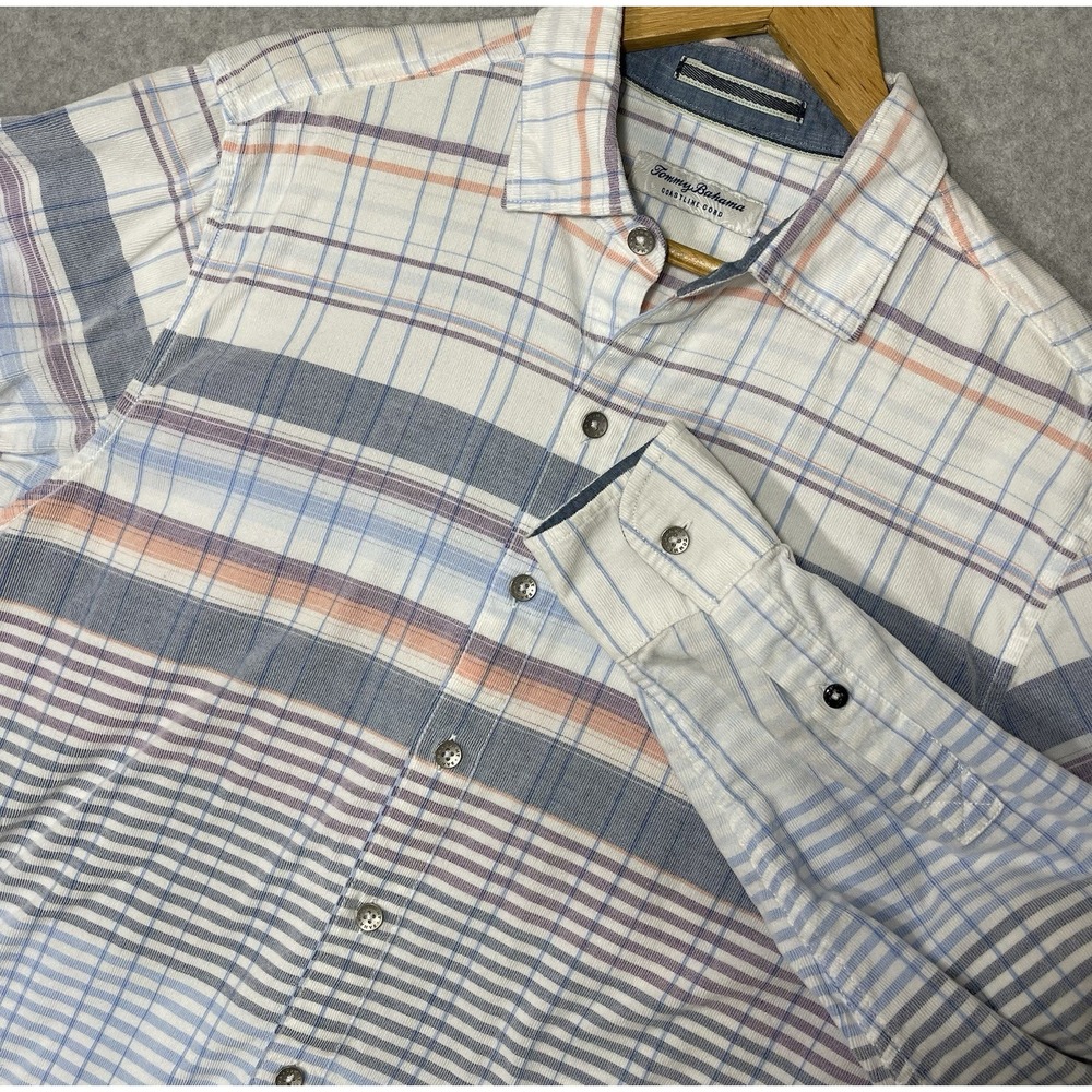 Tommy Bahama Shirt‎ Men's Medium Long Sleeve Coastline Cord Corduroy Plaid Blue